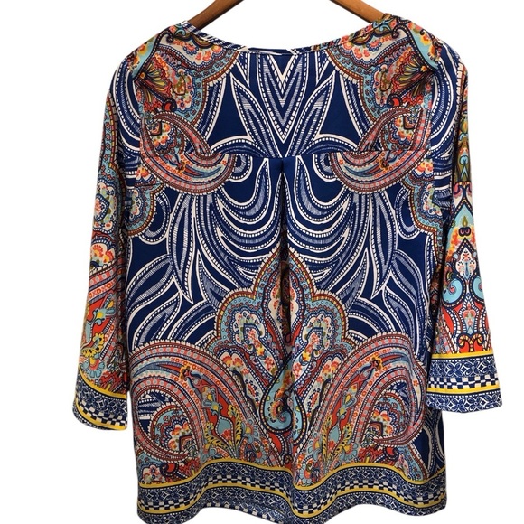 Pink Owl Large Blue Multicolor Abstract Artsy Boho Blouse One Pleat Bell Sleeves - Picture 2 of 6